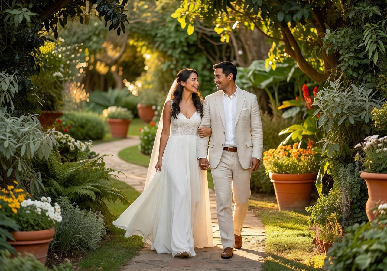 Pareja caminando en un jardín durante su boda